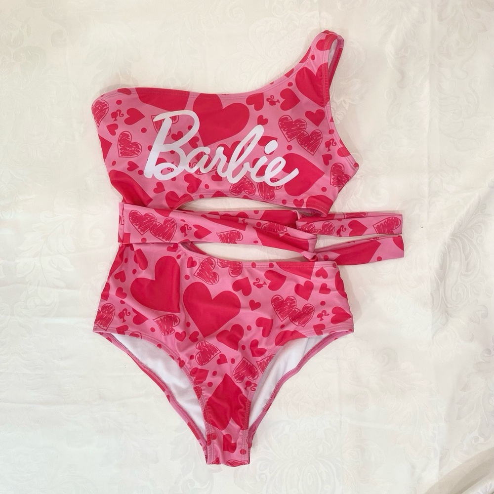 Women Barbie Heart-shaped Hot Pink Heart One-Shoulder Swimsuit - Picture 2 of 9